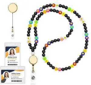 Smile Cute Teacher Lanyard for Women with Retractable ID Badge Reel Chain and Keychain Beaded Lanyards For Keys (Black) Smile Cute Teacher Lanyard for Women with Retractable ID Badge Reel Chain and Keychain Beaded Lanyards For Keys (Black)