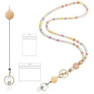 Retractable Lanyard for ID Badges and Keys, Beaded Teacher Lanyard for Women, Nurse Badge Lanyard with ID Holder, Cute Wooden Beaded Lanyard Necklace, Breakaway Neck Lanyard Set Retractable Lanyard for ID Badges and Keys, Beaded Teacher Lanyard for Women, Nurse Badge Lanyard with ID Holder, Cute Wooden Beaded Lanyard Necklace, Breakaway Neck Lanyard Set