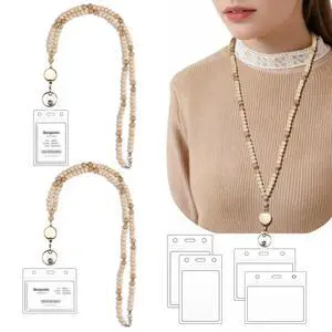Lanyards for ID Badges and Keys, 2 Pack Teacher Lanyard with ID Holder, Cute Wooden Beaded Lanyard with Retractable Reel for Women Girls School Work Lanyards for ID Badges and Keys, 2 Pack Teacher Lanyard with ID Holder, Cute Wooden Beaded Lanyard with Retractable Reel for Women Girls School Work
