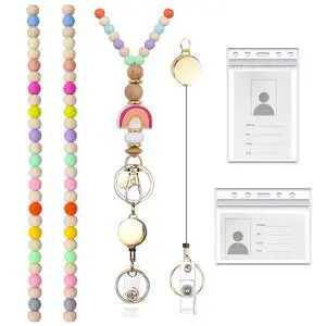 Retractable Badge Lanyard for Women, Beaded Teacher Lanyard with Badge Reel and ID Holder, Cute Natural Wooden Beaded for Key Retractable Badge Lanyard for Women, Beaded Teacher Lanyard with Badge Reel and ID Holder, Cute Natural Wooden Beaded for Key