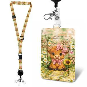 Leather Badge Holder with Adjustable Retractable Lanyards, RFID Blocking ID Badge Card Holder, Quick Release Buckles and Breakaway Lanyards for Office School Business-Highland Cow Leather Badge Holder with Adjustable Retractable Lanyards, RFID Blocking ID Badge Card Holder, Quick Release Buckles and Breakaway Lanyards for Office School Business-Highland Cow