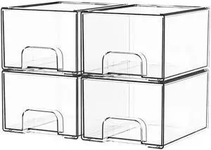4 Pack Clear Stackable Storage Drawers,4.4'' Tall Acrylic Drawer Containers for Organizing,Bathroom Organizers and Storage Bin Box,Plastic Makeup,Medicine Organizer Bins for Cabinet,Undersink 4 Pack Clear Stackable Storage Drawers,4.4'' Tall Acrylic Drawer Containers for Organizing,Bathroom Organizers and Storage Bin Box,Plastic Makeup,Medicine Organizer Bins for Cabinet,Undersink