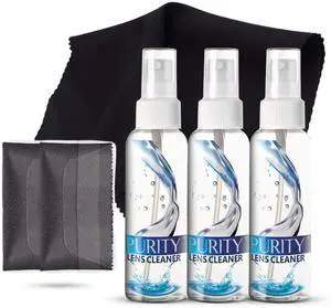 Purity Eyeglass Lens Cleaner Kit - 3 x 1oz Travel Size Lens Cleaner Spray Bottle + 2 Microfiber Cleaning Cloths - Safe for All Lenses (AR Coated Included), Eyeglasses and Screens - Clear Purity Eyeglass Lens Cleaner Kit - 3 x 1oz Travel Size Lens Cleaner Spray Bottle + 2 Microfiber Cleaning Cloths - Safe for All Lenses (AR Coated Included), Eyeglasses and Screens - Clear