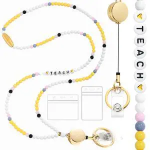 Lanyards with ID Badges Holder for Teachers Keys Card - Yellow and White Women Breakaway Retractable Beaded Necklace Break Away Lanyard with Holder for Name Tag Cruise Ship Lanyards with ID Badges Holder for Teachers Keys Card - Yellow and White Women Breakaway Retractable Beaded Necklace Break Away Lanyard with Holder for Name Tag Cruise Ship