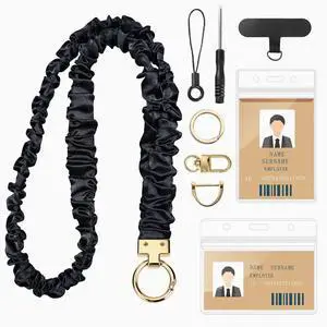 Scrunchie Lanyard for ID Badges, Retractable Teacher Lanyards Stretchy Lanyards for Keys Neck Lanyard with Keychain Holder for Women Ladies, Black Scrunchie Lanyard for ID Badges, Retractable Teacher Lanyards Stretchy Lanyards for Keys Neck Lanyard with Keychain Holder for Women Ladies, Black