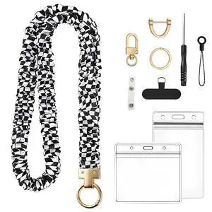 Stretchy Scrunchie Lanyard for Teachers with ID Holders Soft Elastic Badge Lanyard Set with Phone Strap & Key Ring, Comfortable All-Day Wear (Grid Style) Stretchy Scrunchie Lanyard for Teachers with ID Holders Soft Elastic Badge Lanyard Set with Phone Strap & Key Ring, Comfortable All-Day Wear (Grid Style)