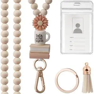 Teacher Lanyard with ID Holder, Fashion Wood Beaded Lanyard for Keys, Super Cute Boho Breakaway Lanyard for Women, 19.5 Teacher Lanyard with ID Holder, Fashion Wood Beaded Lanyard for Keys, Super Cute Boho Breakaway Lanyard for Women, 19.5