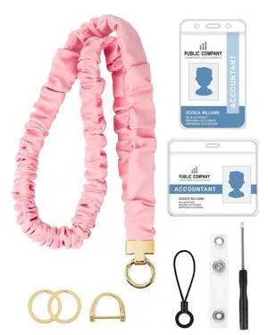 ID Badge Lanyard for Women, Cute Soft No-Tangle Scrunchie Lanyard, Stretchy Elastic Lanyard with Card Holder & Keychain, Teacher Nurse Badge Holder (Pink) ID Badge Lanyard for Women, Cute Soft No-Tangle Scrunchie Lanyard, Stretchy Elastic Lanyard with Card Holder & Keychain, Teacher Nurse Badge Holder (Pink)