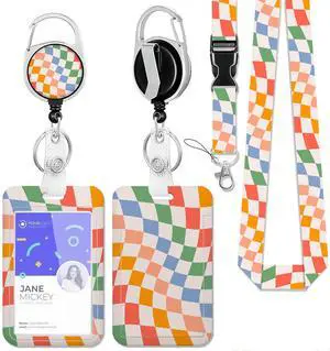 Colorful Checkered Lanyards for Id Badges,Retro Wavy Badge Reel Heavy Duty with Carabiner Clip,ID Badge Holder with Work Name Tag Breakaway Lanyard,Women Nurse Teacher Student Colorful Checkered Lanyards for Id Badges,Retro Wavy Badge Reel Heavy Duty with Carabiner Clip,ID Badge Holder with Work Name Tag Breakaway Lanyard,Women Nurse Teacher Student