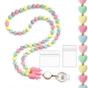 Flocked Lanyards for Id Badges and Keys, Women Teacher Beaded Lanyard with Retractable Reel, ID Card Holder Necklace (Colorful) Flocked Lanyards for Id Badges and Keys, Women Teacher Beaded Lanyard with Retractable Reel, ID Card Holder Necklace (Colorful)