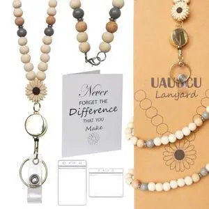 Retractable Teacher Lanyard with Holder for ID Badges Wooden Beaded Women Retractable Teacher Lanyard with Holder for ID Badges Wooden Beaded Women