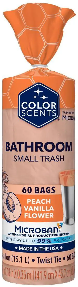 Small Trash Bags - 4 Gallon, 60 Bags (1 Pack of 60 Count), Twist Tie - Peach Fuzz in Peach Vanilla Flower Scent with Microban Small Trash Bags - 4 Gallon, 60 Bags (1 Pack of 60 Count), Twist Tie - Peach Fuzz in Peach Vanilla Flower Scent with Microban