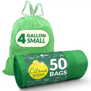 4 Gallon Trash Bags Drawstring (50 Count) | Citrus Scented Small Trash Bags | Garbage Liners for Bathroom Can | 2 Gal - 3 Gallon - 4 Gal Small Can Liners (Green) 4 Gallon Trash Bags Drawstring (50 Count) | Citrus Scented Small Trash Bags | Garbage Liners for Bathroom Can | 2 Gal - 3 Gallon - 4 Gal Small Can Liners (Green)