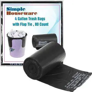4 Gallon Small Trash Bags 80 Count with Flap Tie, Black 4 Gallon Small Trash Bags 80 Count with Flap Tie, Black