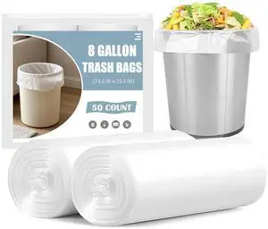 8 Gallon Trash Bags - 50 Count 8 Gal Medium Trash Bags, Unscented White 8 Gallon Garbage Bags for Office, Bedroom, Bathroom, Kitchen 8 Gallon Trash Bags - 50 Count 8 Gal Medium Trash Bags, Unscented White 8 Gallon Garbage Bags for Office, Bedroom, Bathroom, Kitchen