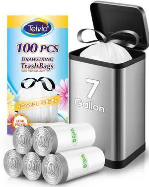 7 Gallon Small 100 Counts Strong Drawstring Trash Bags Garbage Bags by Teivio, Bathroom Trash Can Bin Liners, Plastic Bags for home office kitchen, White 7 Gallon Small 100 Counts Strong Drawstring Trash Bags Garbage Bags by Teivio, Bathroom Trash Can Bin Liners, Plastic Bags for home office kitchen, White