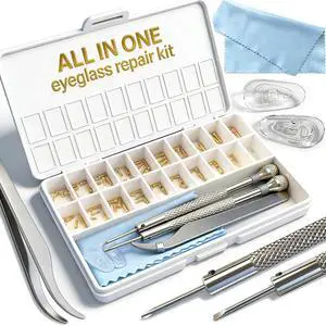 Gold Eyeglass Repair Kit with 18 Sizes Gold-Plated Screws, 1.4mm Precision Screwdrivers, Tweezers, Nose Pads & Cloth - Compact Eye Glass Repairing Kit for All Eyewear Types Gold Eyeglass Repair Kit with 18 Sizes Gold-Plated Screws, 1.4mm Precision Screwdrivers, Tweezers, Nose Pads & Cloth - Compact Eye Glass Repairing Kit for All Eyewear Types