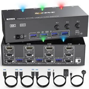 8K KVM Switch 3 Monitors 3 Computers HDMI + DisplayPort, KCEVE USB 3.0 DP KVM Switcher, 8K@30Hz/4k@144Hz Triple Monitor DP KVM for 3 PC Share 3 Display and 4 USB 3.0 Devices 8K KVM Switch 3 Monitors 3 Computers HDMI + DisplayPort, KCEVE USB 3.0 DP KVM Switcher, 8K@30Hz/4k@144Hz Triple Monitor DP KVM for 3 PC Share 3 Display and 4 USB 3.0 Devices