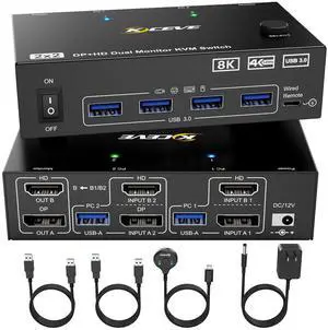 8K KVM Switch 2 Monitors 2 Computers Displayport HDMI, Dual Monitor USB 3.0 DP KVM Switcher Supports 8K@60Hz for 2 Computers Share Keyboard, Mouse and Monitor 8K KVM Switch 2 Monitors 2 Computers Displayport HDMI, Dual Monitor USB 3.0 DP KVM Switcher Supports 8K@60Hz for 2 Computers Share Keyboard, Mouse and Monitor
