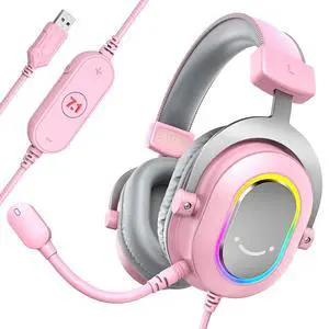 Deuninker PC Gaming Headset, USB Wired Headset with Microphone, 7.1 Surround Sound, in-Line Control, Computer RGB Over-Ear Headphones for PS4/PS5, for Streaming/Game Voice/Video-AmpliGame H6 (Pink) Deuninker PC Gaming Headset, USB Wired Headset with Microphone, 7.1 Surround Sound, in-Line Control, Computer RGB Over-Ear Headphones for PS4/PS5, for Streaming/Game Voice/Video-AmpliGame H6 (Pink)