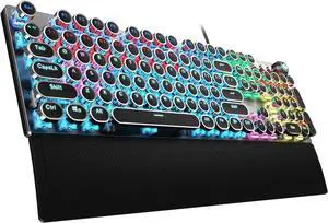 AULA F2088 Typewriter Style Mechanical Gaming Keyboard, blue switches, rainbow LED backlit, retro punk round keycaps, USB wired, media control knob, and removable wrist rest. AULA F2088 Typewriter Style Mechanical Gaming Keyboard, blue switches, rainbow LED backlit, retro punk round keycaps, USB wired, media control knob, and removable wrist rest.