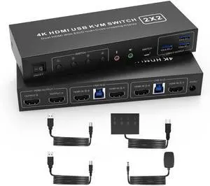USB 3.0 HDMI KVM Switch 2 Montiors 2 Computers, 4K@60Hz KVM Switch Dual Monitor with 3 USB 3.0 Ports and Audio, 2 Port KVM Switch with Dual Monitor Cross Display for 2 Computers USB 3.0 HDMI KVM Switch 2 Montiors 2 Computers, 4K@60Hz KVM Switch Dual Monitor with 3 USB 3.0 Ports and Audio, 2 Port KVM Switch with Dual Monitor Cross Display for 2 Computers