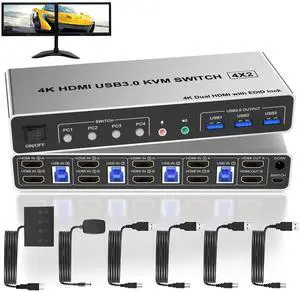 4 Port USB 3.0 KVM Switch Dual Monitor HDMI 4K 60Hz, KVM Switch 2 Monitors for 4PCs Supports EDID, KVM Switch 4 Computers with Audio Microphone Output and 3 USB 3.0 Ports, 4 in 2 Out KVM 4 Port USB 3.0 KVM Switch Dual Monitor HDMI 4K 60Hz, KVM Switch 2 Monitors for 4PCs Supports EDID, KVM Switch 4 Computers with Audio Microphone Output and 3 USB 3.0 Ports, 4 in 2 Out KVM