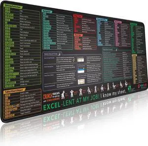 Excel Shortcut Keys Mouse Pad - Extended Large XL Cheat Sheet Gaming Mousepad | PC Office Spreadsheet Keyboard Mat | Non-Slip Stitched Edge Excel Shortcut Keys Mouse Pad - Extended Large XL Cheat Sheet Gaming Mousepad | PC Office Spreadsheet Keyboard Mat | Non-Slip Stitched Edge