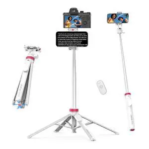 Deuninker MT-44B Phone Tripod, 59'' Auto Open Phone Stand with Dual Camera Set up, 360° Ball Head, Extendable Selfie Stick w Cold Shoe for Filming/Selfie in Vlog, Family Gatherings, White Deuninker MT-44B Phone Tripod, 59'' Auto Open Phone Stand with Dual Camera Set up, 360° Ball Head, Extendable Selfie Stick w Cold Shoe for Filming/Selfie in Vlog, Family Gatherings, White
