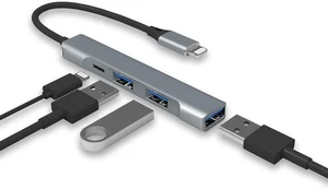4-in-1 8-Pin to USB OTG Hub, Triple USB Ports with Pass-Through Charging Jack, Plug & Play Mobile Adapter for Flash Drives, Microphones, Keyboards & Tablets, White 4-in-1 8-Pin to USB OTG Hub, Triple USB Ports with Pass-Through Charging Jack, Plug & Play Mobile Adapter for Flash Drives, Microphones, Keyboards & Tablets, White