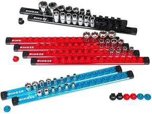 PINOZE 8PCS Magnetic Socket Holder Organizer Set - 1/4, 3/8, 1/2 - Aluminum Alloy Socket Rail Trays for Tool Box Drawer, Socket Rack Kit with 114Pcs Clips for Automotive Garage(Blue Red Black) PINOZE 8PCS Magnetic Socket Holder Organizer Set - 1/4, 3/8, 1/2 - Aluminum Alloy Socket Rail Trays for Tool Box Drawer, Socket Rack Kit with 114Pcs Clips for Automotive Garage(Blue Red Black)