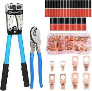 Solsop Battery Cable Crimper Tool for AWG 10, 8, 6, 4, 2, 1/0 Gauge Electrical Lug, Battery Lug Crimping Tool with 62PCS Copper Wire Lugs and Heat Shrink Tubing, Cable Cutter Solsop Battery Cable Crimper Tool for AWG 10, 8, 6, 4, 2, 1/0 Gauge Electrical Lug, Battery Lug Crimping Tool with 62PCS Copper Wire Lugs and Heat Shrink Tubing, Cable Cutter