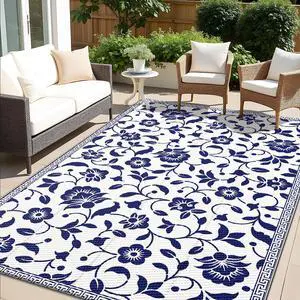 Waterproof Outdoor Rug 5x8 ft, Outdoor Plastic Straw Rug with Flower Pattern, Reversible RV Mat for Patio, Camping, Balcony, Deck, Backyard, Navy & White Waterproof Outdoor Rug 5x8 ft, Outdoor Plastic Straw Rug with Flower Pattern, Reversible RV Mat for Patio, Camping, Balcony, Deck, Backyard, Navy & White