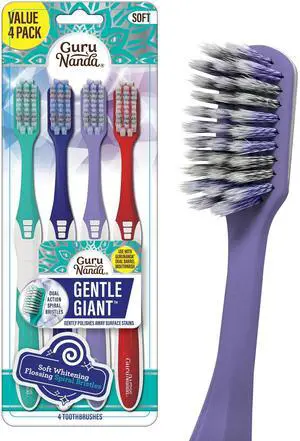 Gentle Giant Toothbrush with Dual Action Flossing Spiral Bristles, Non-Slip Ergo Dexa Grip, Helps in Teeth Whitening, BPA Free Manual Toothbrushes, Assorted Colors, 4 Count Gentle Giant Toothbrush with Dual Action Flossing Spiral Bristles, Non-Slip Ergo Dexa Grip, Helps in Teeth Whitening, BPA Free Manual Toothbrushes, Assorted Colors, 4 Count