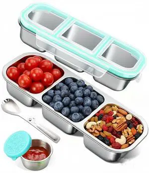 Snack Containers with Airtight Lids Reusable Stainless Steel 3-Compartment Metal Bento Lunch Box for Adults, Divided Food Storage Lunchable Meal Prep Containers, Snack Box with Spoon Sauce Jar Snack Containers with Airtight Lids Reusable Stainless Steel 3-Compartment Metal Bento Lunch Box for Adults, Divided Food Storage Lunchable Meal Prep Containers, Snack Box with Spoon Sauce Jar