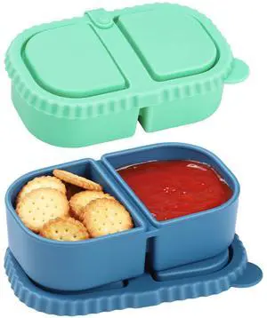 Silicone Snack Containers, 2 Pack Reusable Double Compartment Silicone Snack Boxes with Lids, Fruit and Salad Dressing Sauce Seasoning Container(Blue Green) Silicone Snack Containers, 2 Pack Reusable Double Compartment Silicone Snack Boxes with Lids, Fruit and Salad Dressing Sauce Seasoning Container(Blue Green)