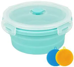 Collapsible Bowl Silicone Collapsible Container Food Storage Containers Collapsible Camping Bowl for Travel Camping Hiking with Airtight Plastic Lids and 2Pack Silicone Dish Sponges- Blue, 800ml Collapsible Bowl Silicone Collapsible Container Food Storage Containers Collapsible Camping Bowl for Travel Camping Hiking with Airtight Plastic Lids and 2Pack Silicone Dish Sponges- Blue, 800ml