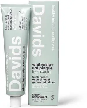 Davids Fluoride Free Toothpaste, Teeth Whitening, Antiplaque, SLS (Sulfate) Free, Promotes Enamel Health, Mouth & Gum Detox, EWG Verified, Peppermint, 5.25oz Davids Fluoride Free Toothpaste, Teeth Whitening, Antiplaque, SLS (Sulfate) Free, Promotes Enamel Health, Mouth & Gum Detox, EWG Verified, Peppermint, 5.25oz