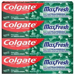 MaxFresh Clean Mint Toothpaste Pack, Fresh Breath Toothpaste with Fluoride and Hundreds of Mini Breath Strips, Leaves Mouth Feeling Refreshed for Hours, 4 Pack, 6.3 oz MaxFresh Clean Mint Toothpaste Pack, Fresh Breath Toothpaste with Fluoride and Hundreds of Mini Breath Strips, Leaves Mouth Feeling Refreshed for Hours, 4 Pack, 6.3 oz