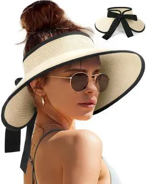 Sun Visors for Women Wide Brim Beach Hat Foldable Straw Visor Hat Ponytail Summer Packable UPF 50+ Beige Sun Visors for Women Wide Brim Beach Hat Foldable Straw Visor Hat Ponytail Summer Packable UPF 50+ Beige