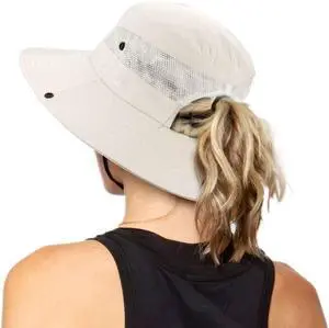 Women's Outdoor UV-Protection-Foldable Sun-Hats Mesh Wide-Brim Beach Fishing Hat with Ponytail-Hole Beige Women's Outdoor UV-Protection-Foldable Sun-Hats Mesh Wide-Brim Beach Fishing Hat with Ponytail-Hole Beige