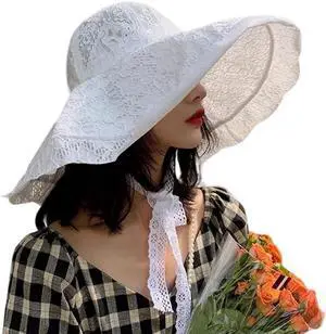 Women Sun Hat Wide Brim Lace Sunscreen Hat with Ribbon Folding Beach Cap Summer Sun Hat Elegant Vintage Dress Hats White Women Sun Hat Wide Brim Lace Sunscreen Hat with Ribbon Folding Beach Cap Summer Sun Hat Elegant Vintage Dress Hats White