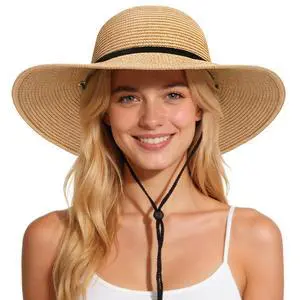 Sun Hats for Women, Wind Lanyard Wide Brim Straw Hat for Summer Beach Garden Vacation Foldable UPF 50+ Khaki Sun Hats for Women, Wind Lanyard Wide Brim Straw Hat for Summer Beach Garden Vacation Foldable UPF 50+ Khaki