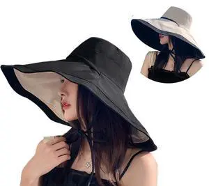 Packable Large Brim Sun Hat for Women - 6.7" Wide-Brim UV-Protection Women's-Sun-Beach-Hats with Strap Black Packable Large Brim Sun Hat for Women - 6.7" Wide-Brim UV-Protection Women's-Sun-Beach-Hats with Strap Black