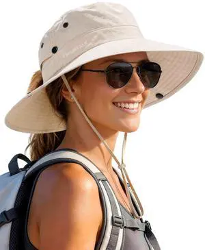 Sun Hats for Women with Ponytail Hole Wide Brim Beach Bucket Hat UPF 50+ Fishing Hiking Outdoor Hats Beige Sun Hats for Women with Ponytail Hole Wide Brim Beach Bucket Hat UPF 50+ Fishing Hiking Outdoor Hats Beige