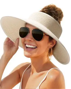 Sun Hats for Women Wide Brim Beach Hat Straw Visor Ponytail Summer UV Packable Foldable Beach Vacation Essentials Beige Sun Hats for Women Wide Brim Beach Hat Straw Visor Ponytail Summer UV Packable Foldable Beach Vacation Essentials Beige