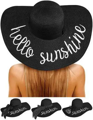 Beach Hats for Women, Floppy Straw Sun Hat Embroidered Wide Brim for Summer Honeymoon Vacation Cruise Black Beach Hats for Women, Floppy Straw Sun Hat Embroidered Wide Brim for Summer Honeymoon Vacation Cruise Black