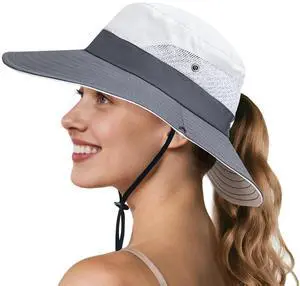 Ponytail Sun Hats for Women UPF 50+ Wide Visor UV Protection Packable Hat for Beach Hiking Gardening Beige/Grey Ponytail Sun Hats for Women UPF 50+ Wide Visor UV Protection Packable Hat for Beach Hiking Gardening Beige/Grey