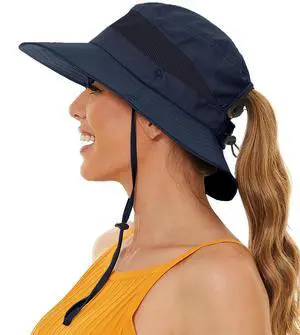 Sun Bucket Beach Hats for Women with Ponytail Hole,Sun Protection UV UPF50+ Waterproof Fishing Safari Hiking Hat Navy Blue Sun Bucket Beach Hats for Women with Ponytail Hole,Sun Protection UV UPF50+ Waterproof Fishing Safari Hiking Hat Navy Blue