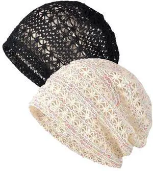 Womens Chemo Headwear Hats Cotton Slouchy Beanie Cap Scarf (2pcs Lace Mesh Black Beige) Womens Chemo Headwear Hats Cotton Slouchy Beanie Cap Scarf (2pcs Lace Mesh Black Beige)